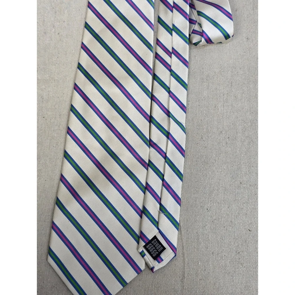 Rooster‎ Mens Silk Necktie White Blue Green Pink Striped Classic Tie